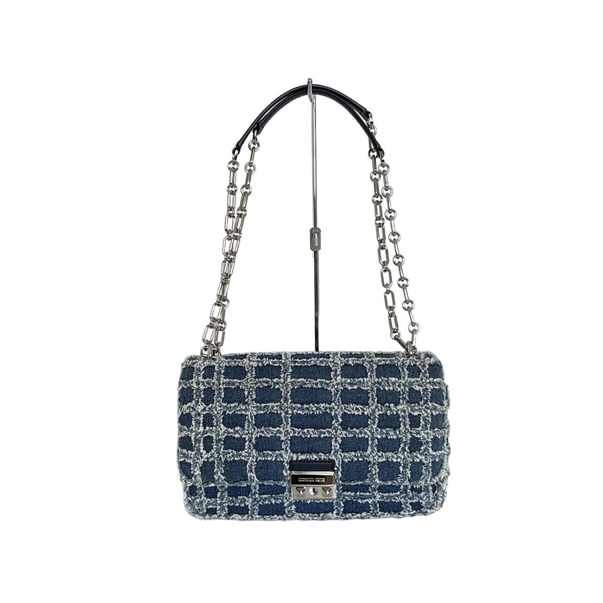 マイケルコース ショルダーバッグ美品 TRIBECA フレイドデニム ショルダー ラージ ブルー×ネイビー チェーンショルダー レザー