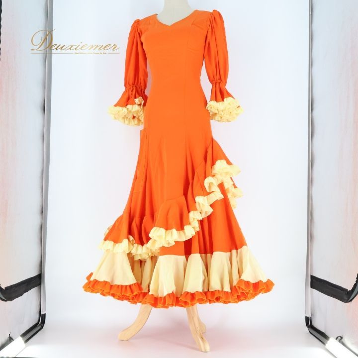  フラメンコ 衣装 ワンピース ドレス 無地 ボランテ フリル レース ボリューム ダンス パーティ 発表会 黄色 オレンジ系 明るいオレンジ 大人用 ダンス衣装 イベント フリルたっぷり ドレス フラメンコ