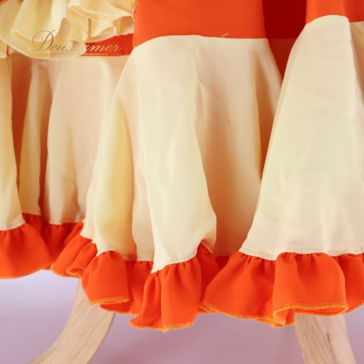 フラメンコ 衣装 ワンピース ドレス 無地 ボランテ フリル レース ボリューム ダンス パーティ 発表会 黄色 オレンジ系 明るいオレンジ 大人用 ダンス衣装 イベント フリルたっぷり