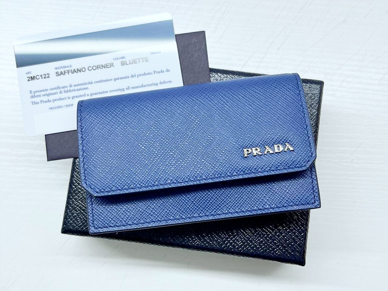 保管 PRADA プラダ ロゴ サフィアーノレザー カードホルダー ブルー 名刺入れ 2MC122
