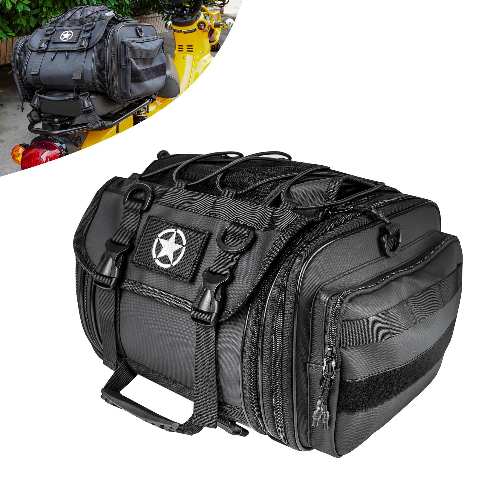 商品 シートバッグ 23 29 L ツーリングバッグ バイク用 レインカバー付き 防水性 リアバッグ 変形しにくい 荷物固定ベルト付き クロスカブ CC 110 ニンジャ400 ほとんどのオートバイに汎用 リアシートバッグ