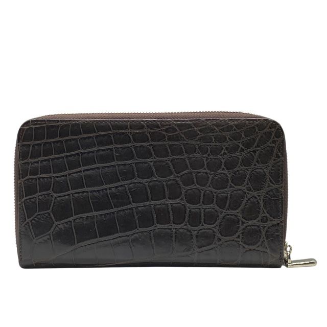 クロコ 長財布 財布 ロングウォレット ラウンドファスナー ラウンドジップ レザー ダークブラウン シルバー メンズ 人気 定番 感 上品 シンプル