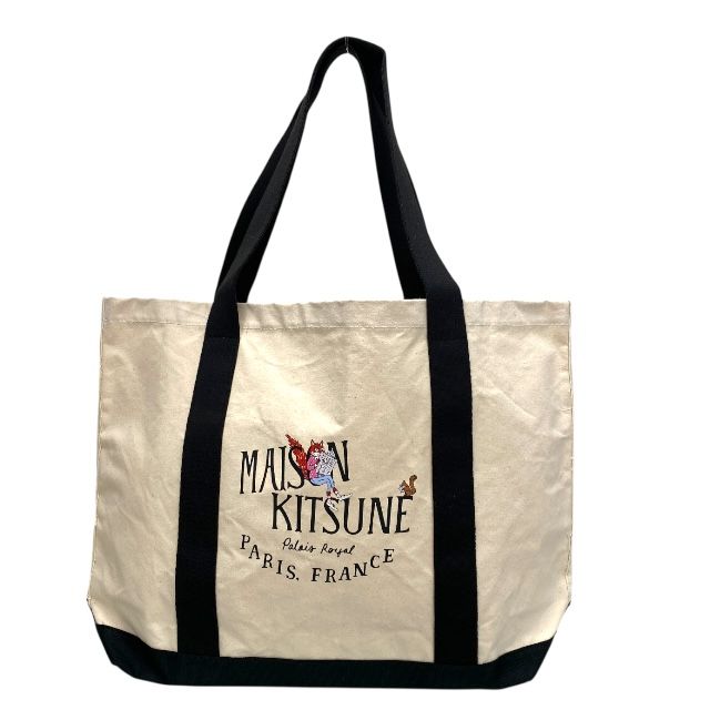 メゾンキツネ トートバッグ ショルダーバッグ ショッピングバッグ キャンバス オフホワイト×ブラック ユニセックス MAISON KITSUNE 人気 定番 シンプル カジュアル 感