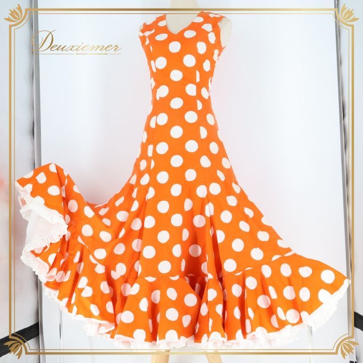 フラメンコ 衣装 ワンピース ドレス ボランテ フリル 水玉 ドット ダンス パーティ 発表会 オレンジ系 ホワイト系 スカート かわいい おしゃれ しっかりした生地 ボリューム感 踊り イベント衣装
