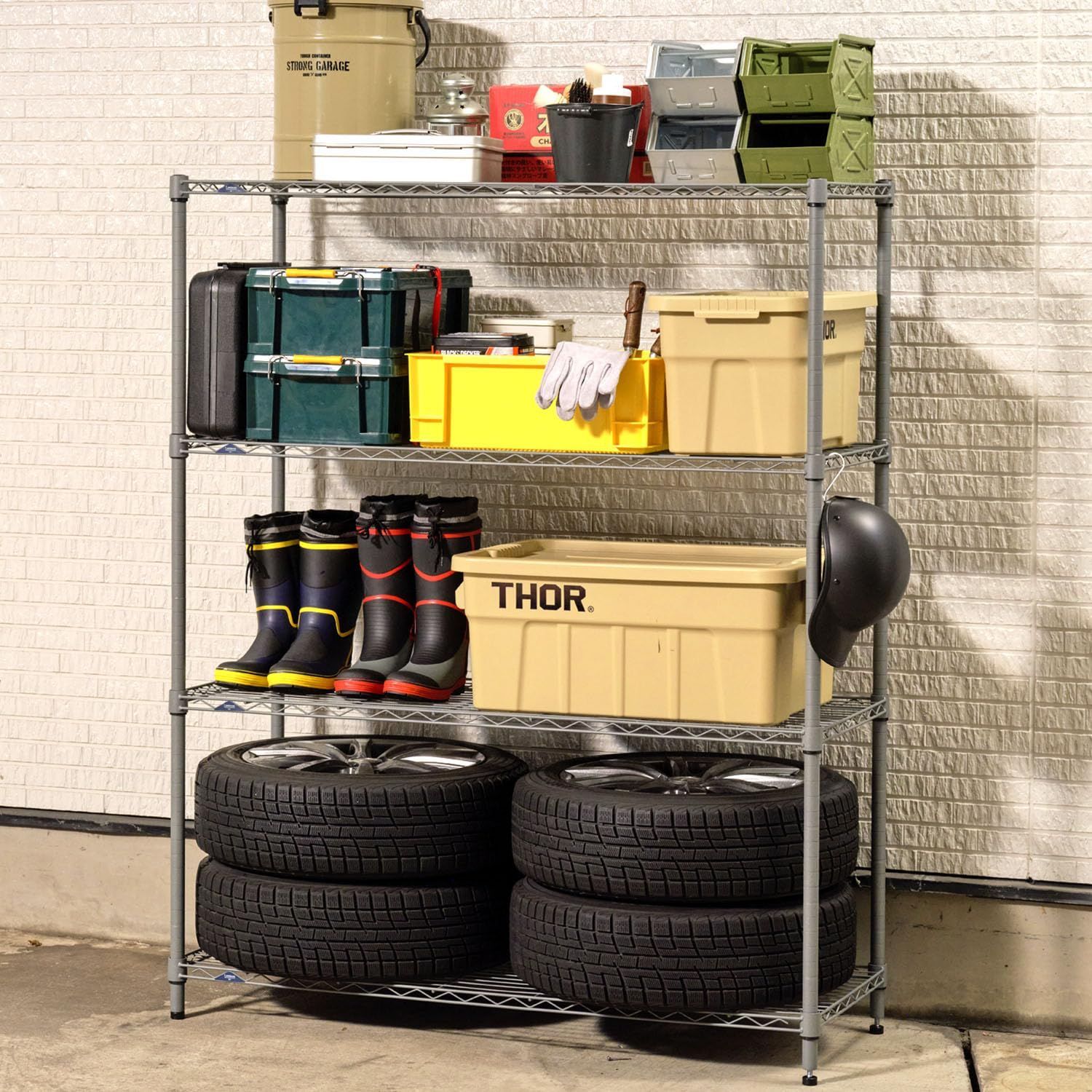 ドウシシャ サビにくい 屋外用ラック 幅120 ルミナス エクステリアラック グレー 4段 EX 25-124 GY 幅121.5×奥行46×高さ151 cm ポール径25 mm スチールラック ガーデニングラック ベランダラック 棚