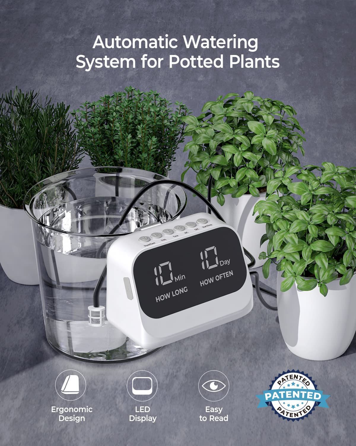 鉢植え自動散水ドリップ システム10鉢対応 自動水やり 散水スマートタイマー セット10 mホース付き 防水LEDディスプレイと大容量バッテリー 植物 留守 ガーデン花植木鉢自動給水器 白
