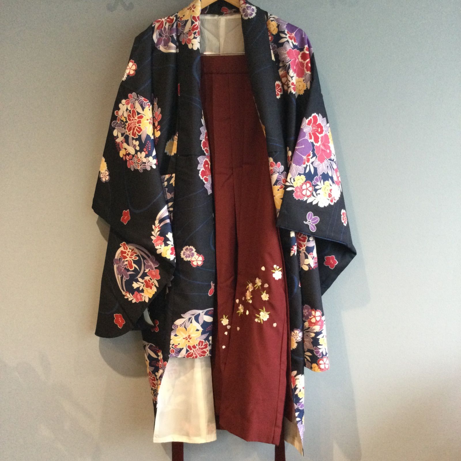 二尺袖 袴 紺 赤 セット 小物無し M サイズ