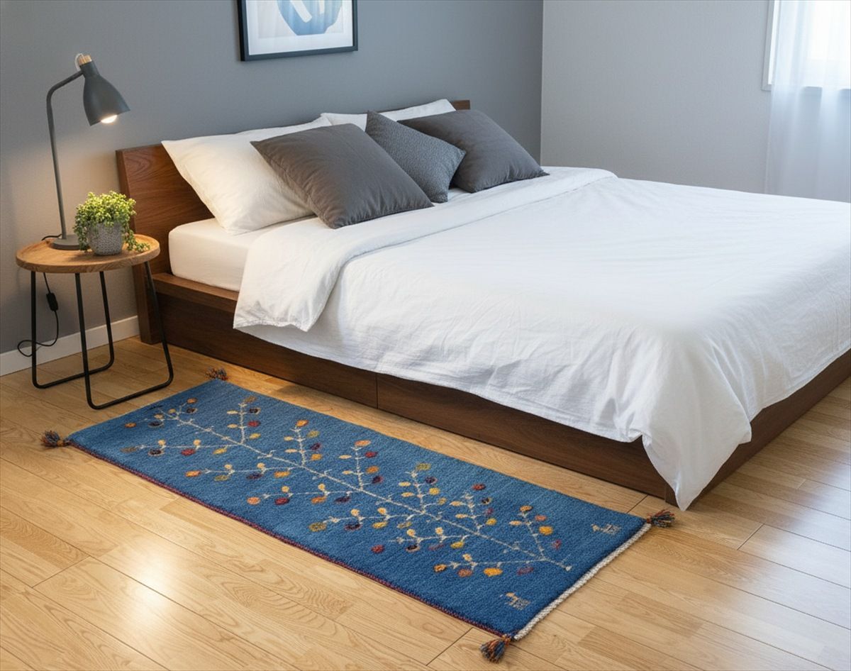 ペルシャ ギャッベ ランナー中 ラグ 143 50 cm 青色 生命の木 ヤギ RJ 15105