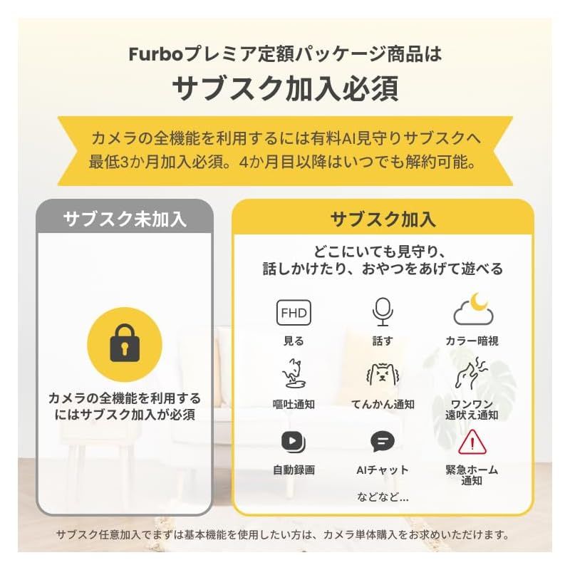 公式 Furboミニカメラ プレミア定額パッケージ 150万人愛用のペットカメラブランドからペット 小型カメラ 犬 猫 見守り スマホ対応 留守番 壁設置 双方向会話 wifi サブスク必須 0