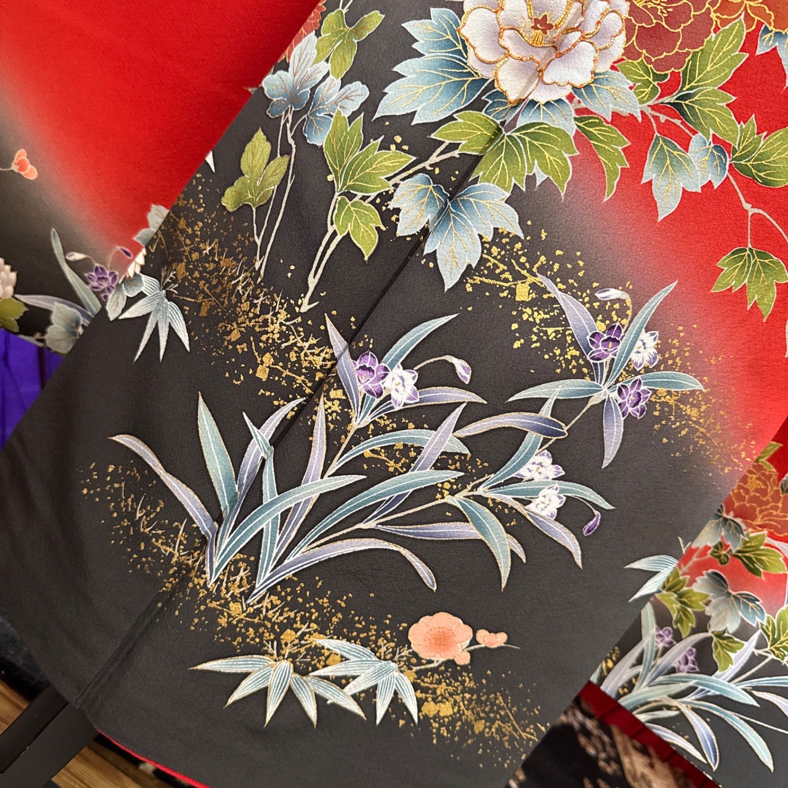 振袖フルセット(7点)・古典柄・金駒刺繍・牡丹・笹・菊・梅・FS049