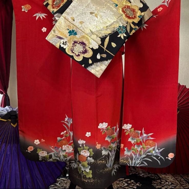 振袖フルセット(7点)・古典柄・金駒刺繍・牡丹・笹・菊・梅・FS049