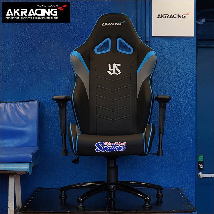 AKRacing ゲーミングチェア Overture 東京ヤクルトスワローズ コラボ ag 76441 エーケーレーシング フルフラットリクライニング 昇降式アームレスト 刺繍加工 体圧分散設計 PUレザー ブルー 7814