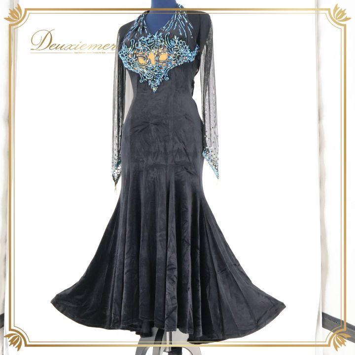 社交ダンス 衣装 ワンピース ドレス ベロア 黒 感 デモ 競技 パーティ 発表会 緑 青 クロッチ ブラック系 エレガント フォーマル 競技会 女性用 大人用 おしゃれ 上品 ストレッチ パーティードレス クラシック