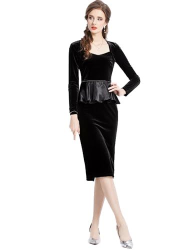 EightSTAR Dress パーティードレス 結婚式ドレス レディース 長袖 ひざ丈 ミモレ丈 袖あり お呼ばれ 二次会ドレス ペプラム ベロア 秋 冬 20代 30代 40代 ミセス L ブラック