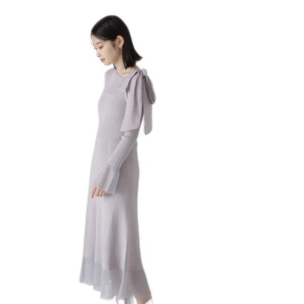 ナチュラルビューティーベーシック カジュアルドレス ショルダーリボンニットワンピース レディース グレー