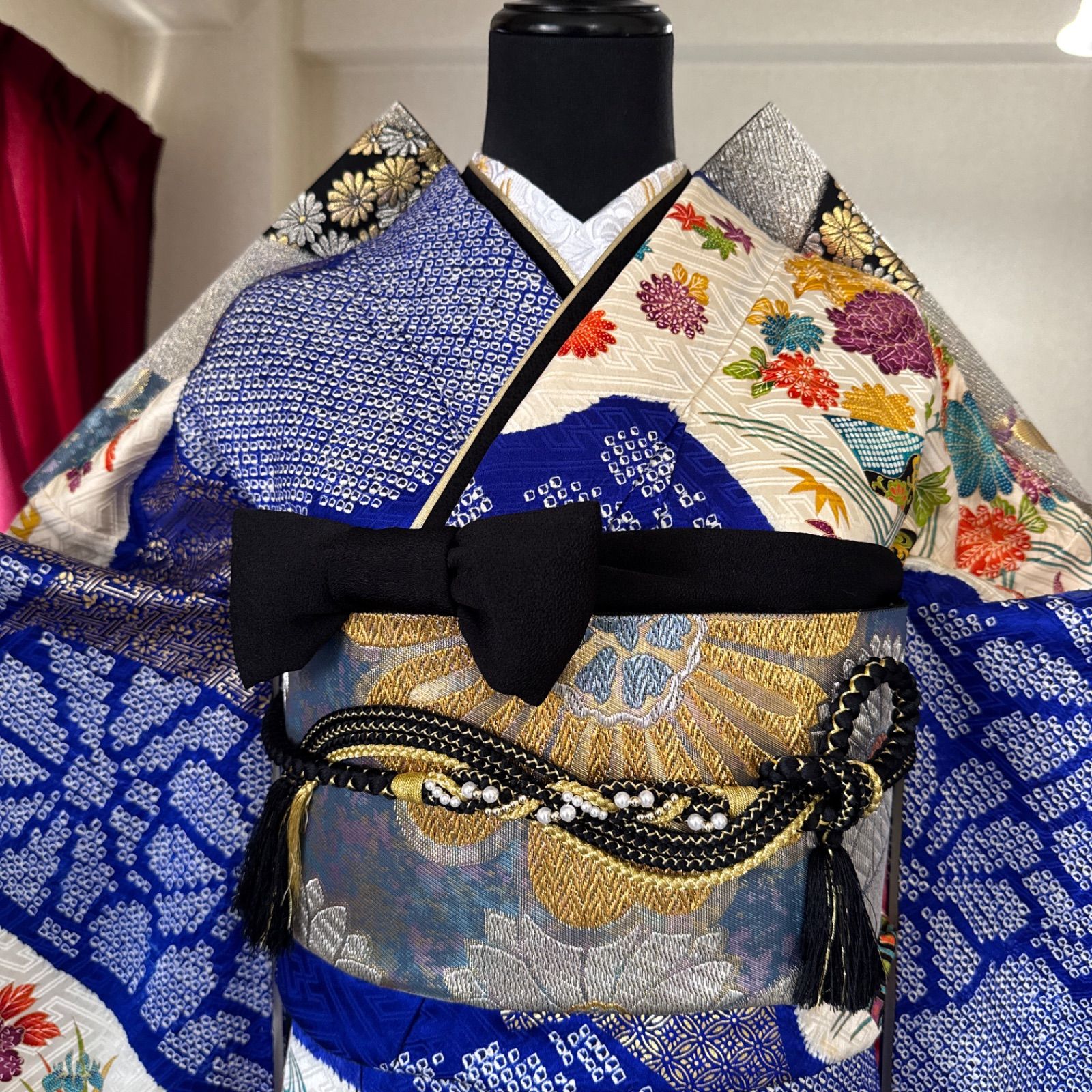 振袖フルセット(8点)・舞蝶花文・金駒刺繍・金彩加工・鹿の子柄・正絹 人気定番，2025 振袖 フルセット 駒刺繍 花 毬 金彩 正絹