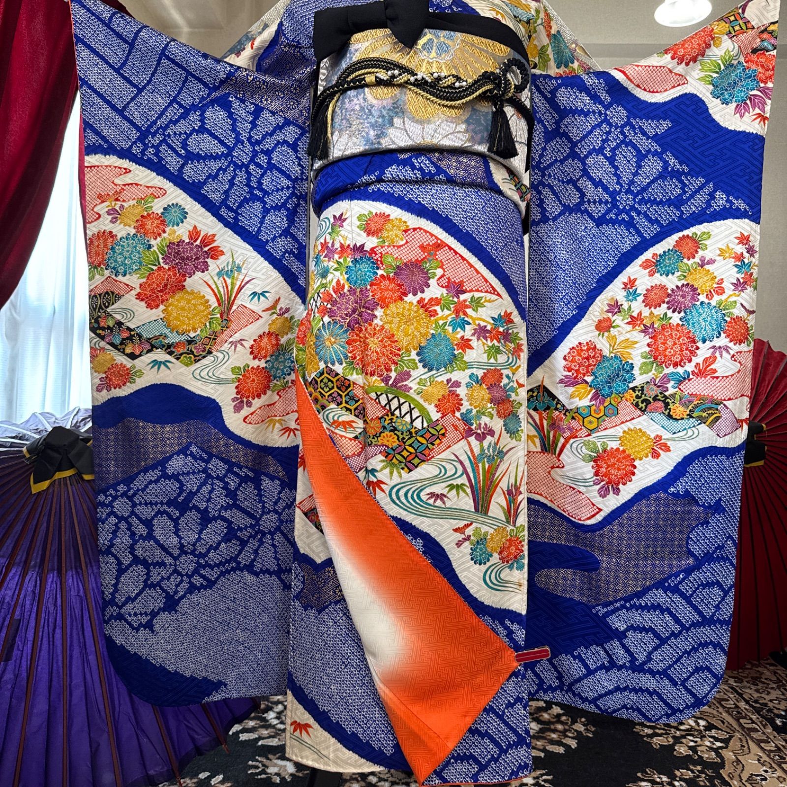 振袖フルセット(7点)・鹿の子絞り・古典柄・鴛鴦・枝梅・金銀彩・正絹 振袖フルセット(7点)・鹿の子絞り・古典柄・鴛鴦・枝梅・金銀彩・正絹