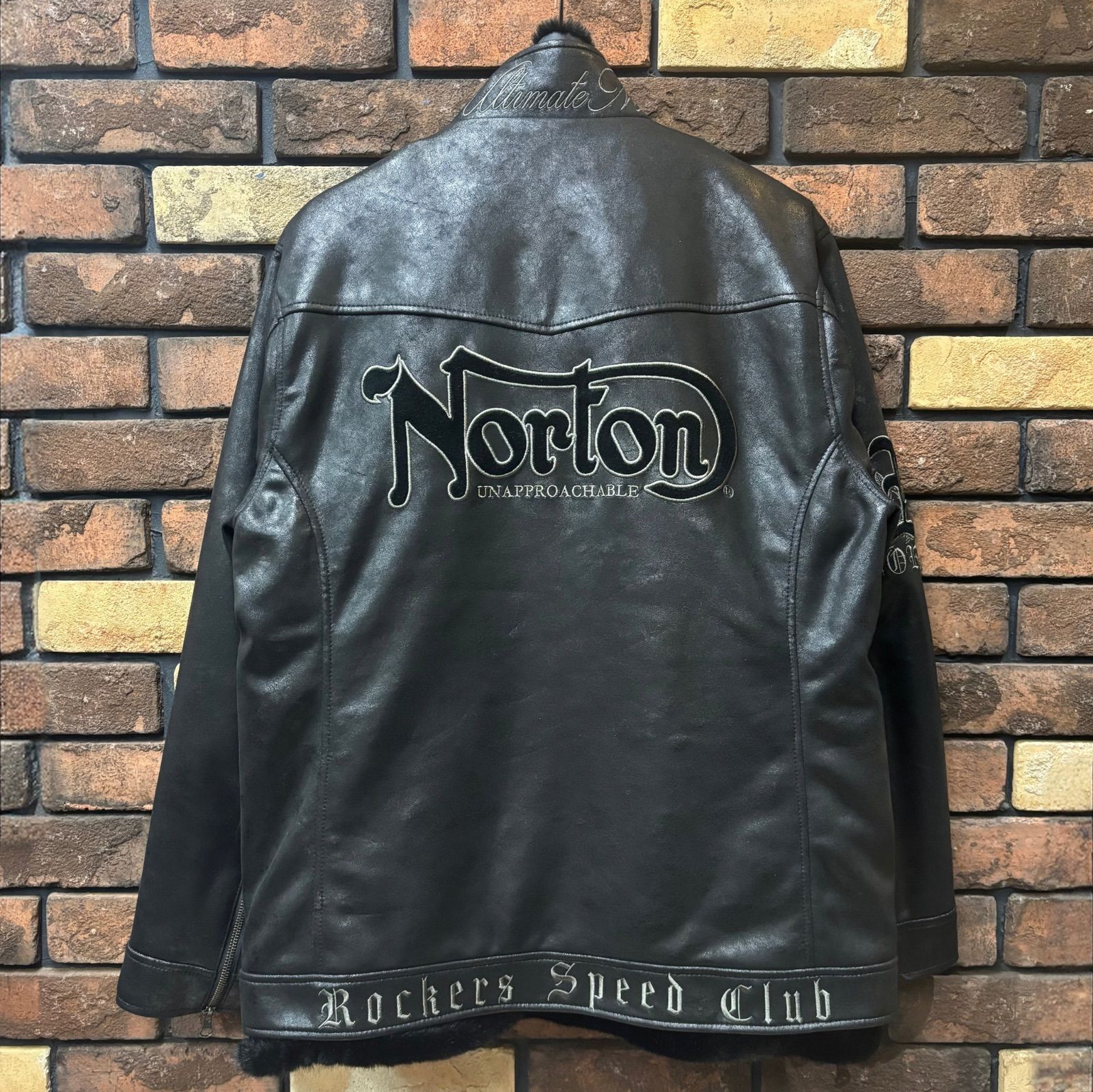 Norton ノートン ライナーベスト付きムラPUライダース 刺繍 ファー 取り外し スタンド ジャケット アウター バイク バイカー ツーリング アメカジ カジュアル シンプル ユニセックス 253N1702 ブラック