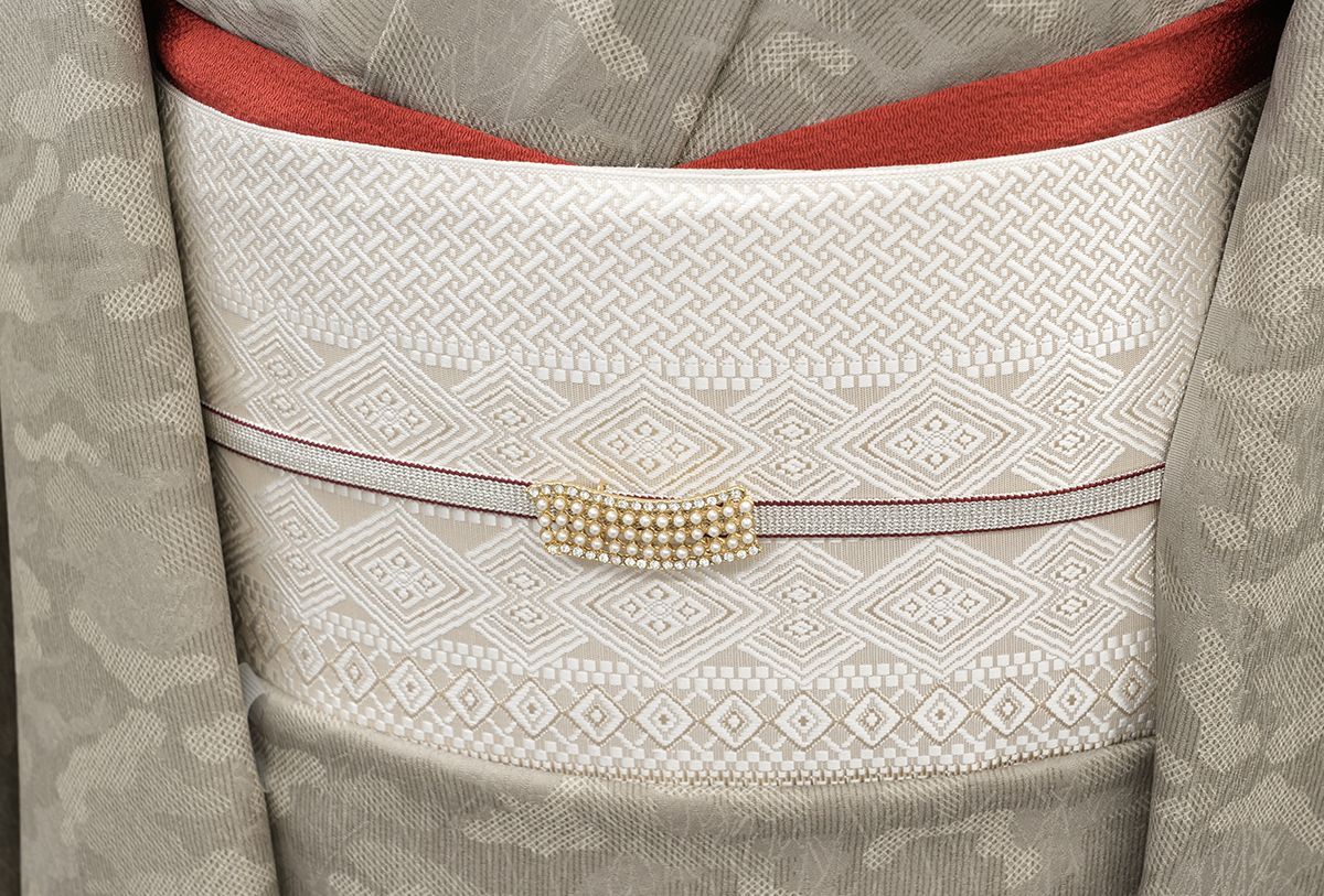 未仕立 博多帯 協和織 全通八寸名古屋帯 菱網代紋 ベージュ 仕立代込み