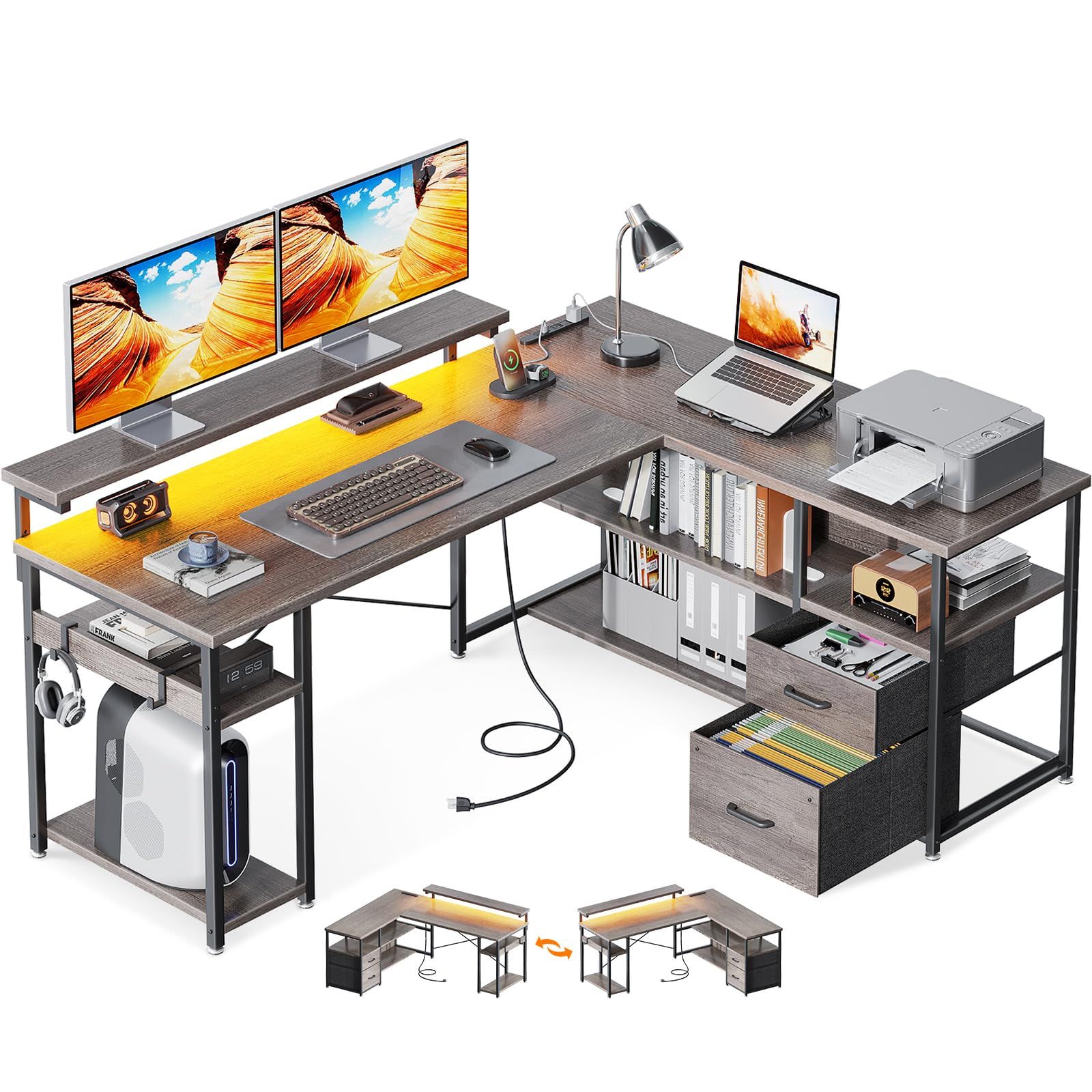 数量 引き出し2杯付き ゲーミングデスク パソコンデスク コンセント付き l字デスク デスク 机 幅135 cm 棚付き pcデスク ODK 収納 オフィスデスク 仕事用 在宅勤務 組立簡単 グレー