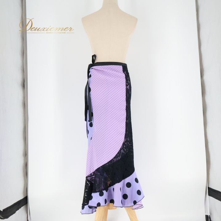  フラメンコ 衣装 巻きスカート スカート 紫 黒 軽い ドット 水玉 レース リボン ブラック系 パープル系 おしゃれ かわいい 軽量 レディース 発表会 イベント 軽やか スカート フラメンコ