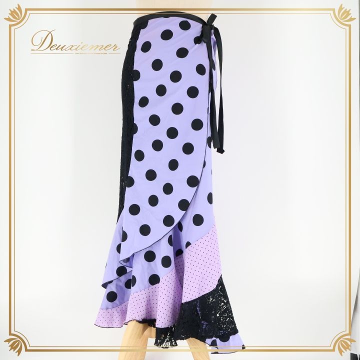 フラメンコ 衣装 巻きスカート スカート 紫 黒 軽い ドット 水玉 レース リボン ブラック系 パープル系 フラメンコ 衣装 おしゃれ かわいい 軽量 スカート レディース 発表会 イベント 軽やか