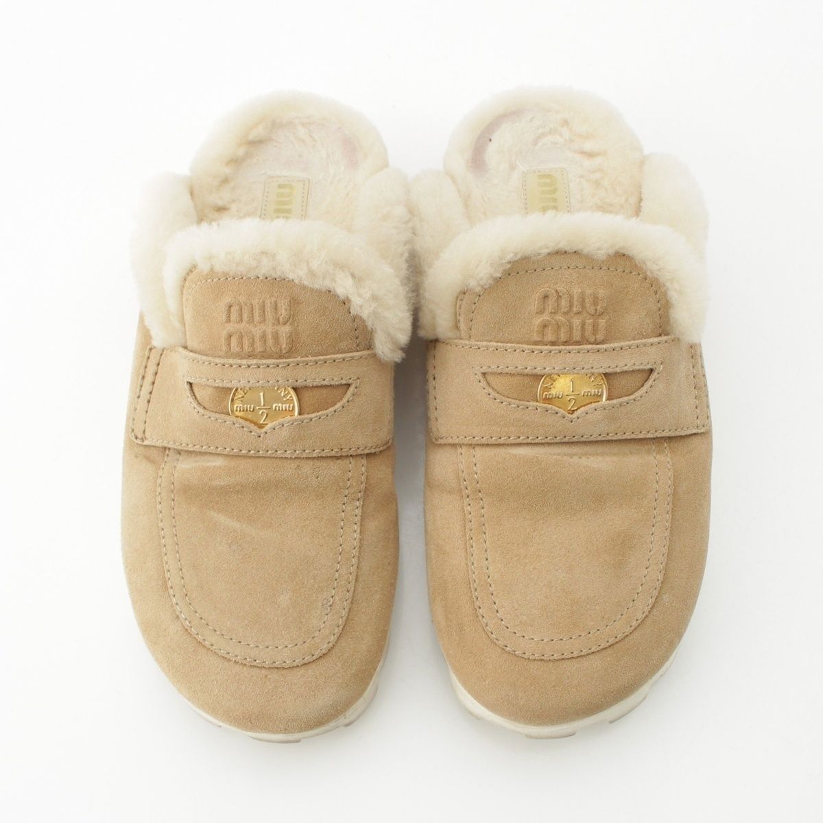 ミュウミュウ スエード ロゴ ムートン サンダル ミュール 5 D 058 E ベージュ 37 1 2