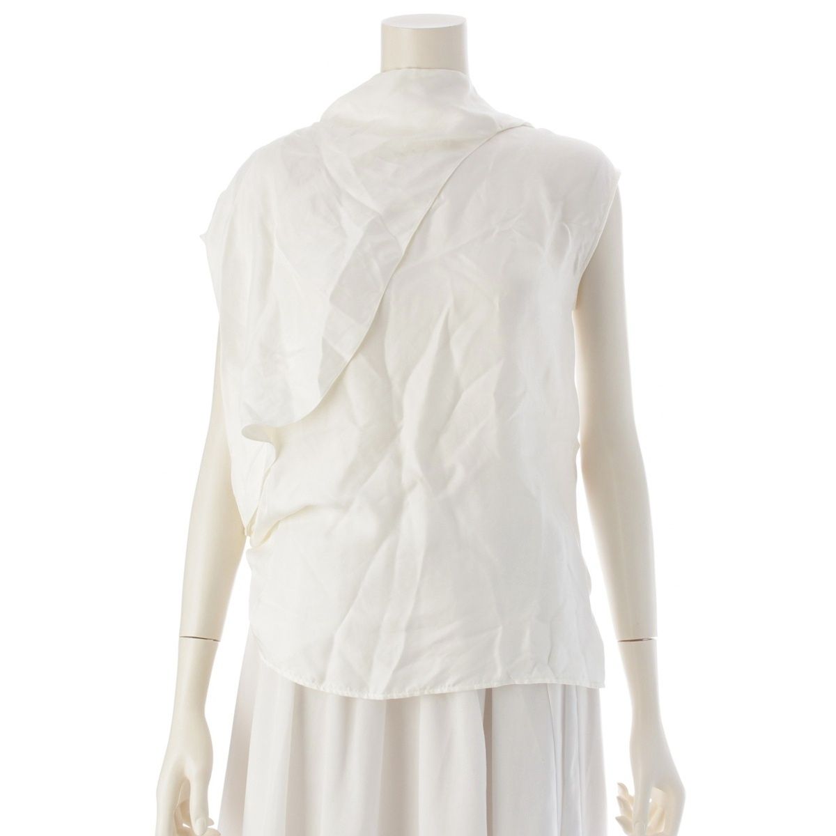 エルメス シルク100 ロゴ刺繍ボウタイ レイヤード ノースリーブ ブラウス トップス 3H0605DG ホワイト 36