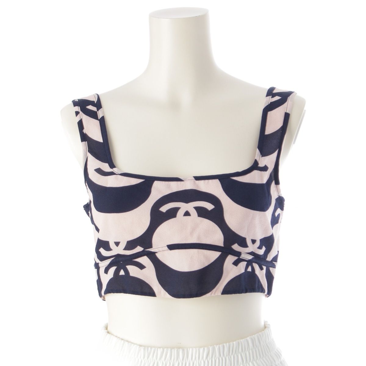 シャネル シルク ココマーク ビスチェ トップス P70218 ピンクベージュ×ネイビー 38