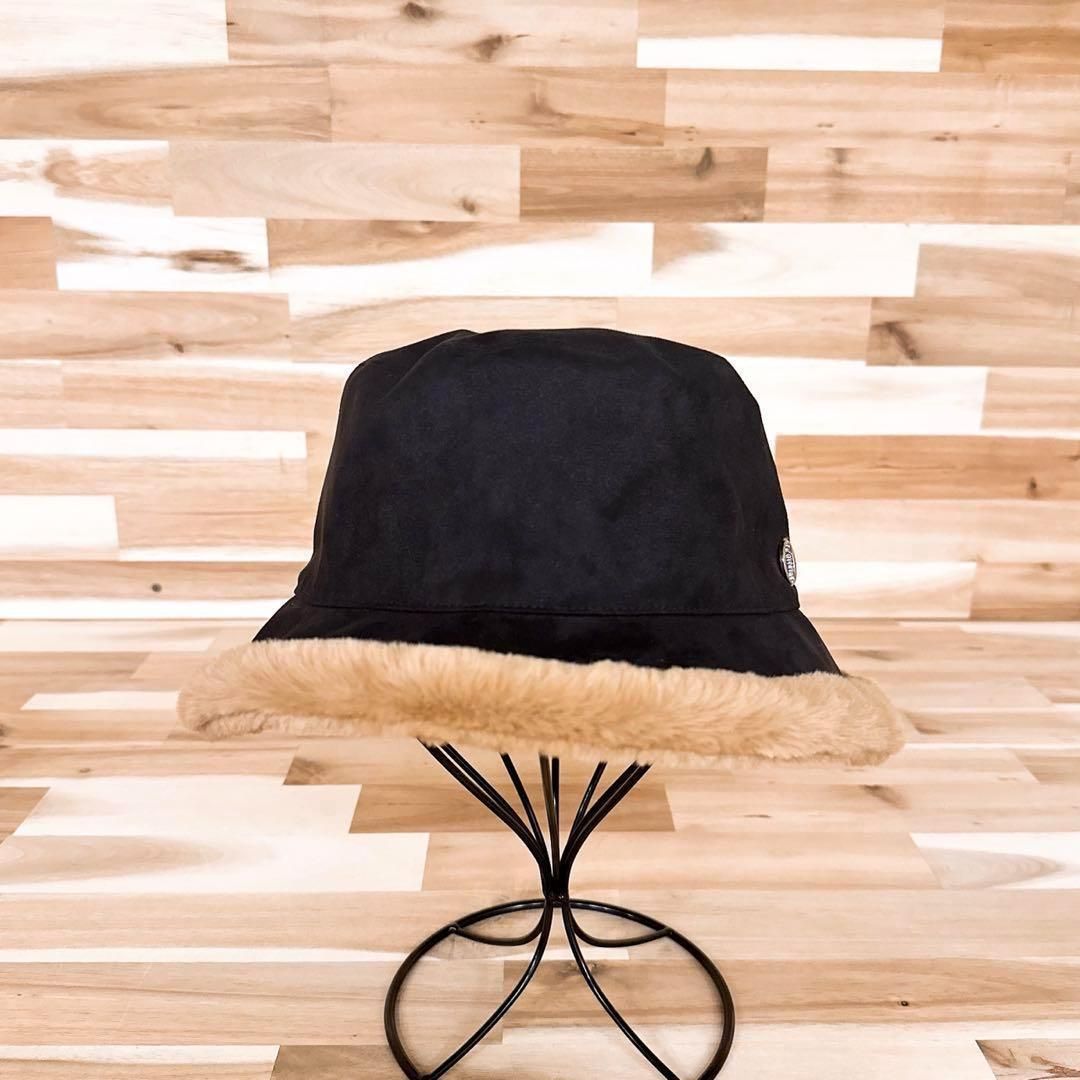 シャポードオー フェイク ファー×スエード 切り替え バケットハット 黒×茶 ドッキング メタルロゴ ブラック ブラウン 秋冬