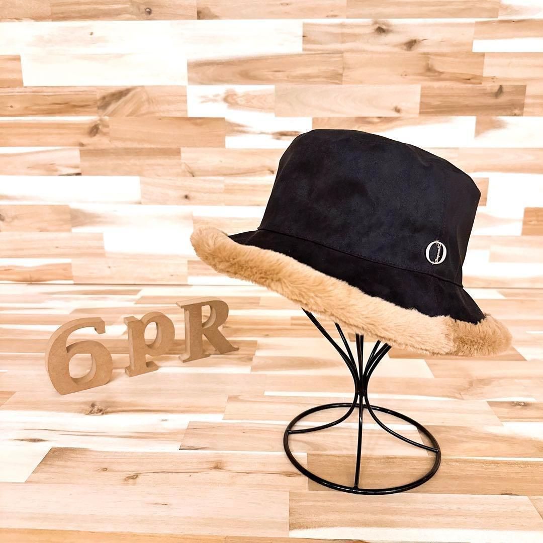 シャポードオー フェイク ファー スエード 切り替え バケットハット 黒 茶 ドッキング メタルロゴ ブラック ブラウン 秋冬