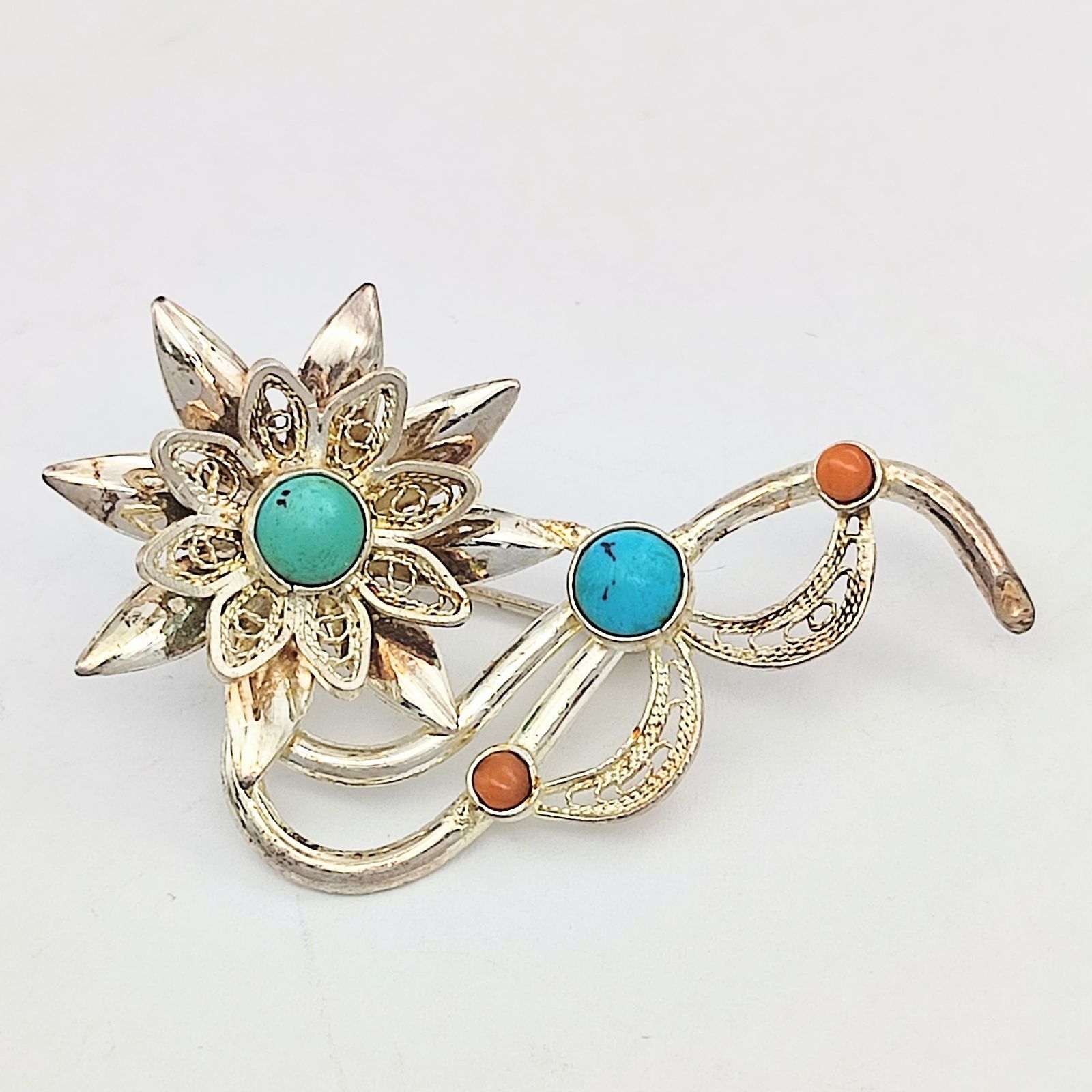 インディアンジュエリー ターコイズデザインブローチ フラワーモチーフ