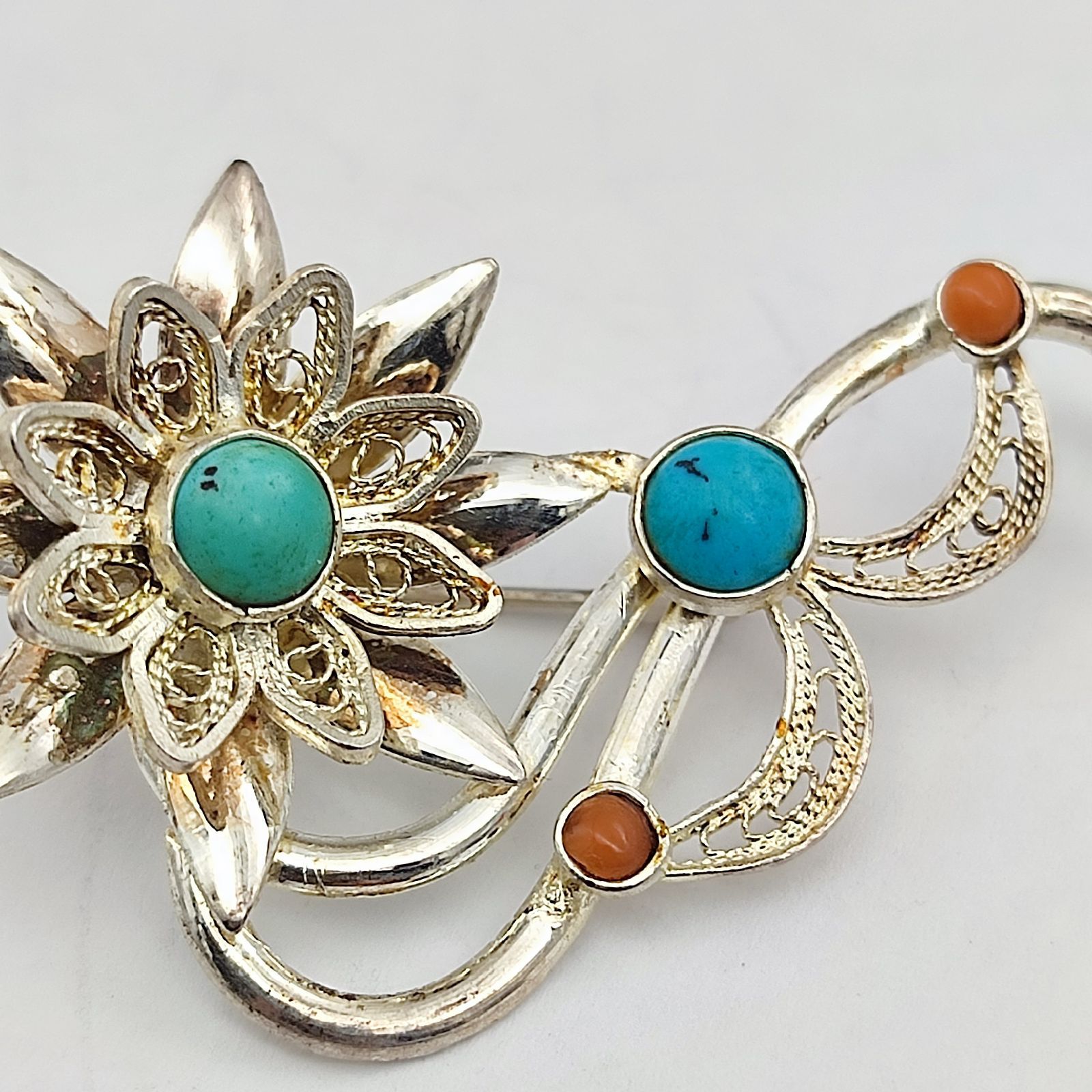 インディアンジュエリー ターコイズデザインブローチ フラワーモチーフ