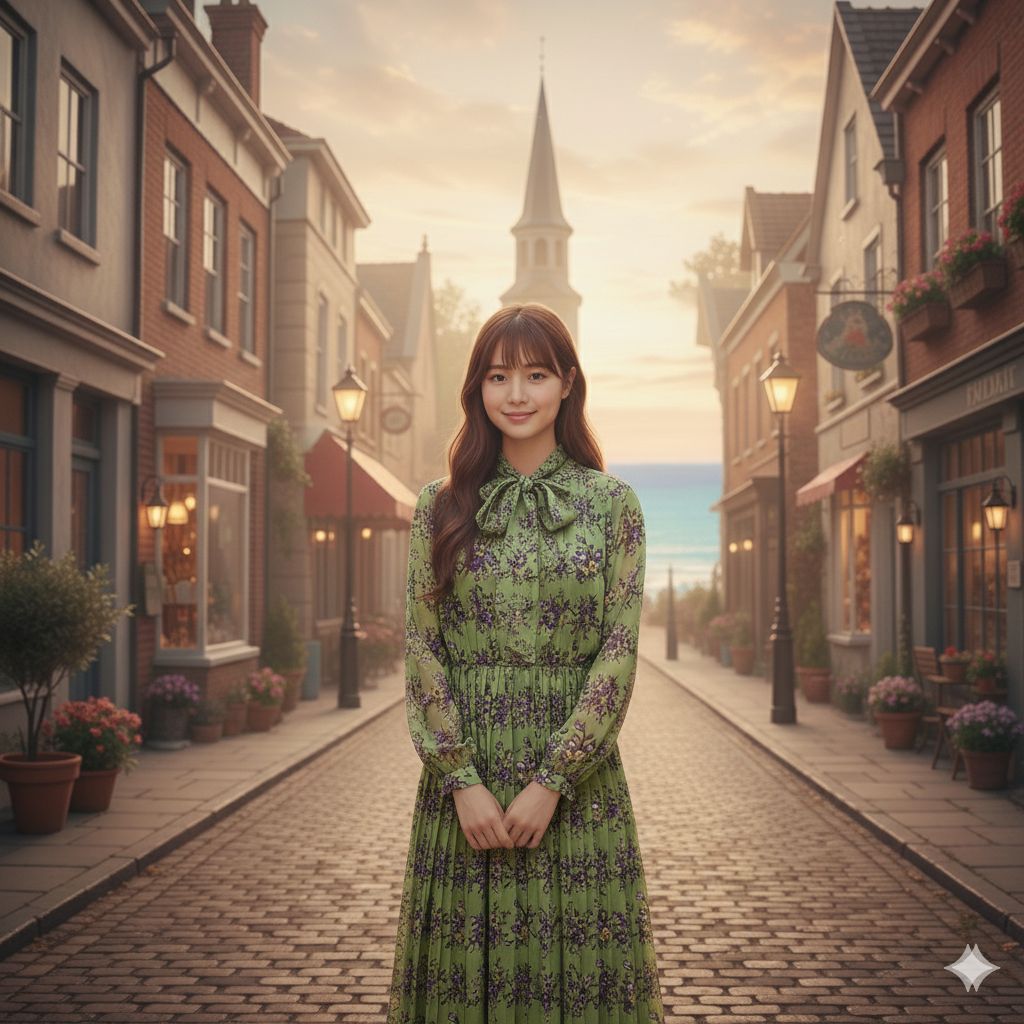 昭和レトロ 緑×紫花柄プリーツワンピース｜ボウタイリボンと金ボタンの上品デザイン