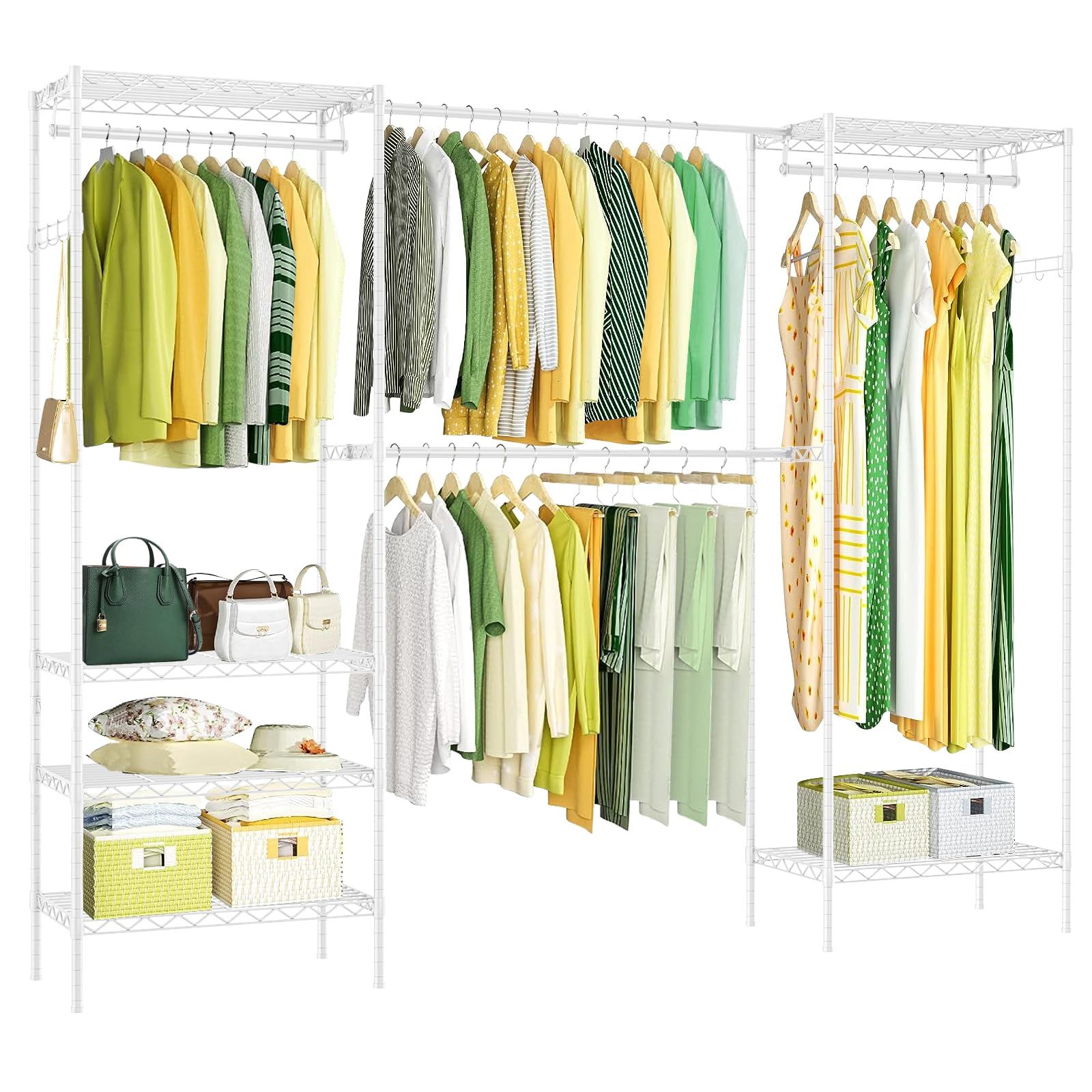 棚板高さ調節 コート掛け ラック本体 メタルラック 大容量 伸縮式ワードローブ 防サビ 頑丈 幅調整可 幅178.5 228 奥行35.5 高さ181cm ハンガーラック ホワイト