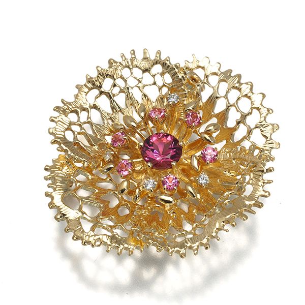 TASAKI タサキ ブローチ兼ペンダントトップ トルマリン サファイア ダイヤ ダイヤモンド 0.04 ct フラワー K 18 YG 179383