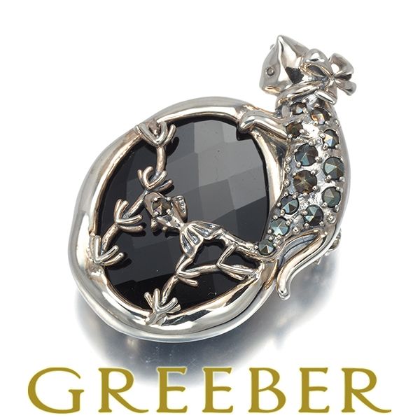 碌山 ロクザン ブローチ兼ペンダントトップ オニキス マーカサイト 猫 ネコ ネコ アニマル 金魚 サカナ シルバー 925 180406