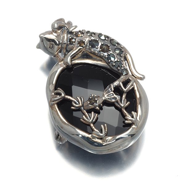 碌山 ロクザン ブローチ兼ペンダントトップ オニキス マーカサイト 猫