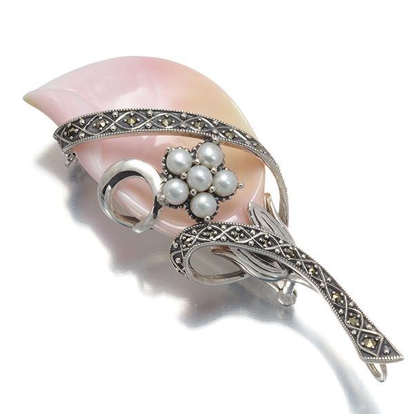 碌山 ロクザン ブローチ兼ペンダントトップ コンクシェル パール 真珠 マーカサイト シルバー 925 180407