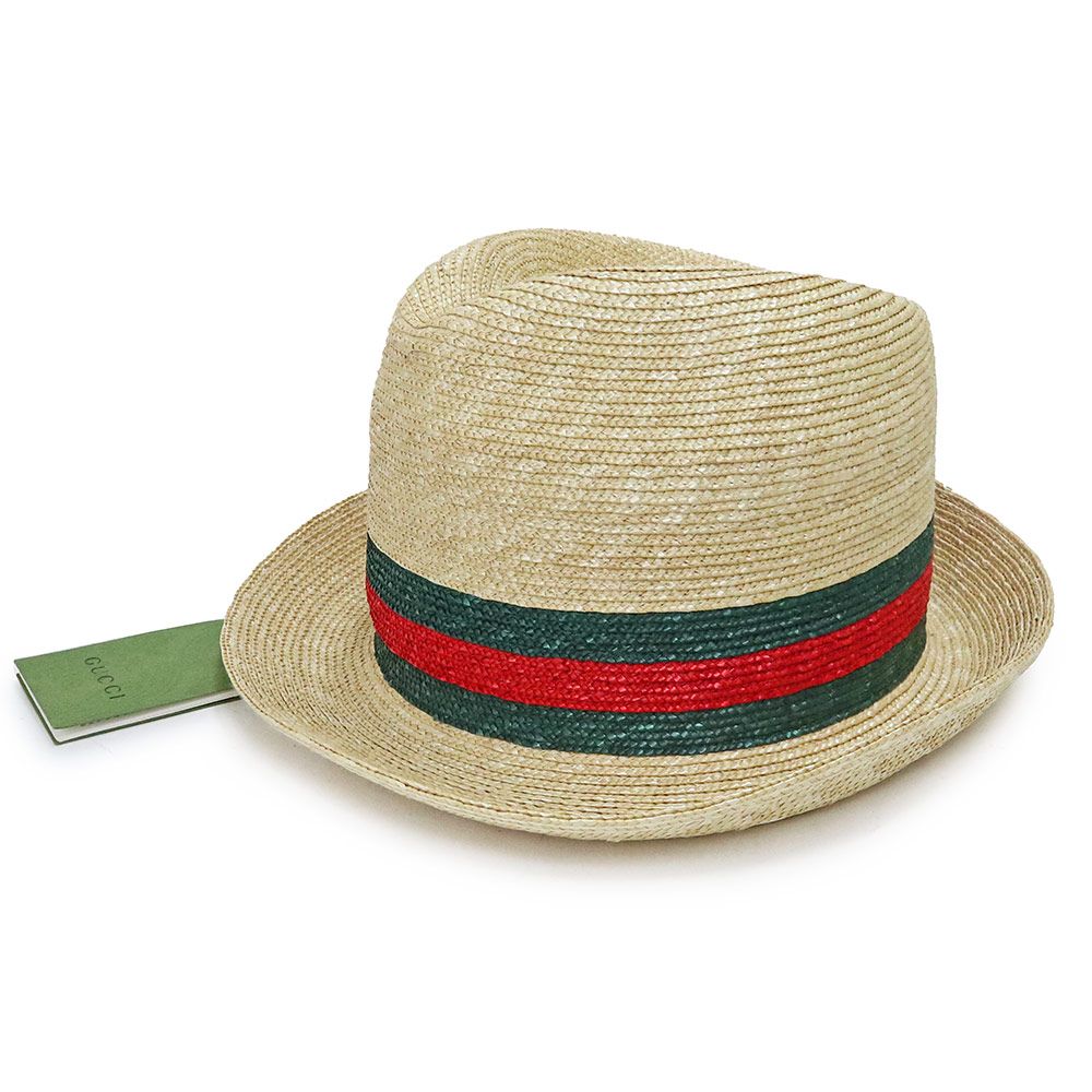 グッチ ウーブン ストロー ウェブストライプ ハット 麦わら 中折れ 帽子 S 56cm コットン レーヨン ナチュラル ベージュ 434760 GUCCI