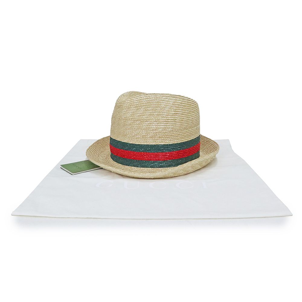 グッチ ウーブン ストロー ウェブストライプ ハット 麦わら 中折れ 帽子 S 56 cm コットン レーヨン ナチュラル ベージュ 434760 GUCCI