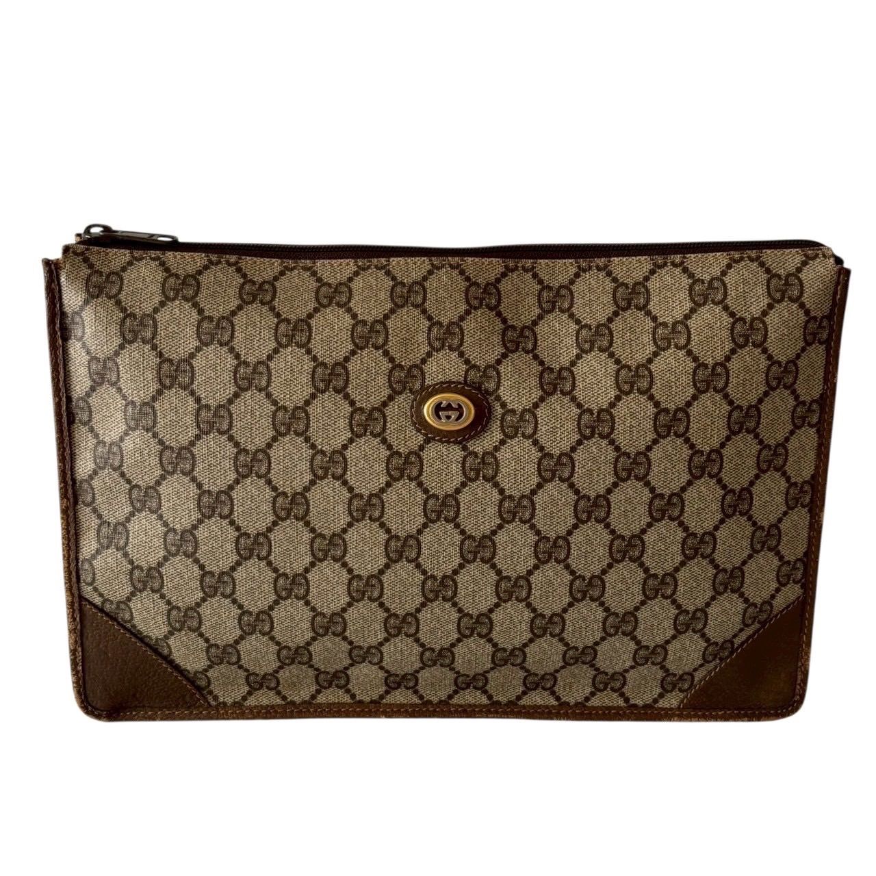 GUCCI グッチ クラッチバック 茶 レザー GGスプリーム キャンバス モノグラム カバン レディース