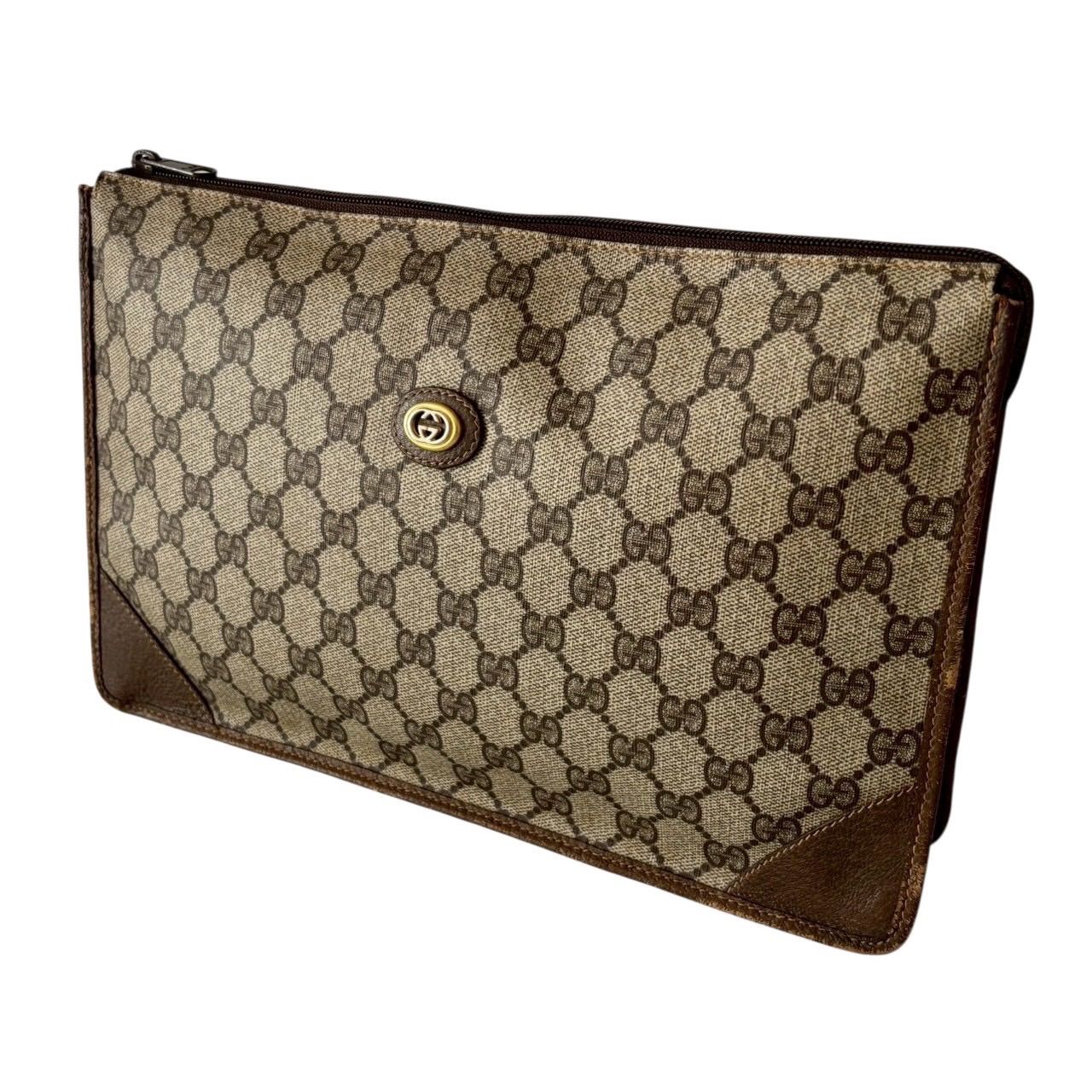 GUCCI グッチ クラッチバック 茶 レザー GGスプリーム キャンバス モノグラム カバン レディース