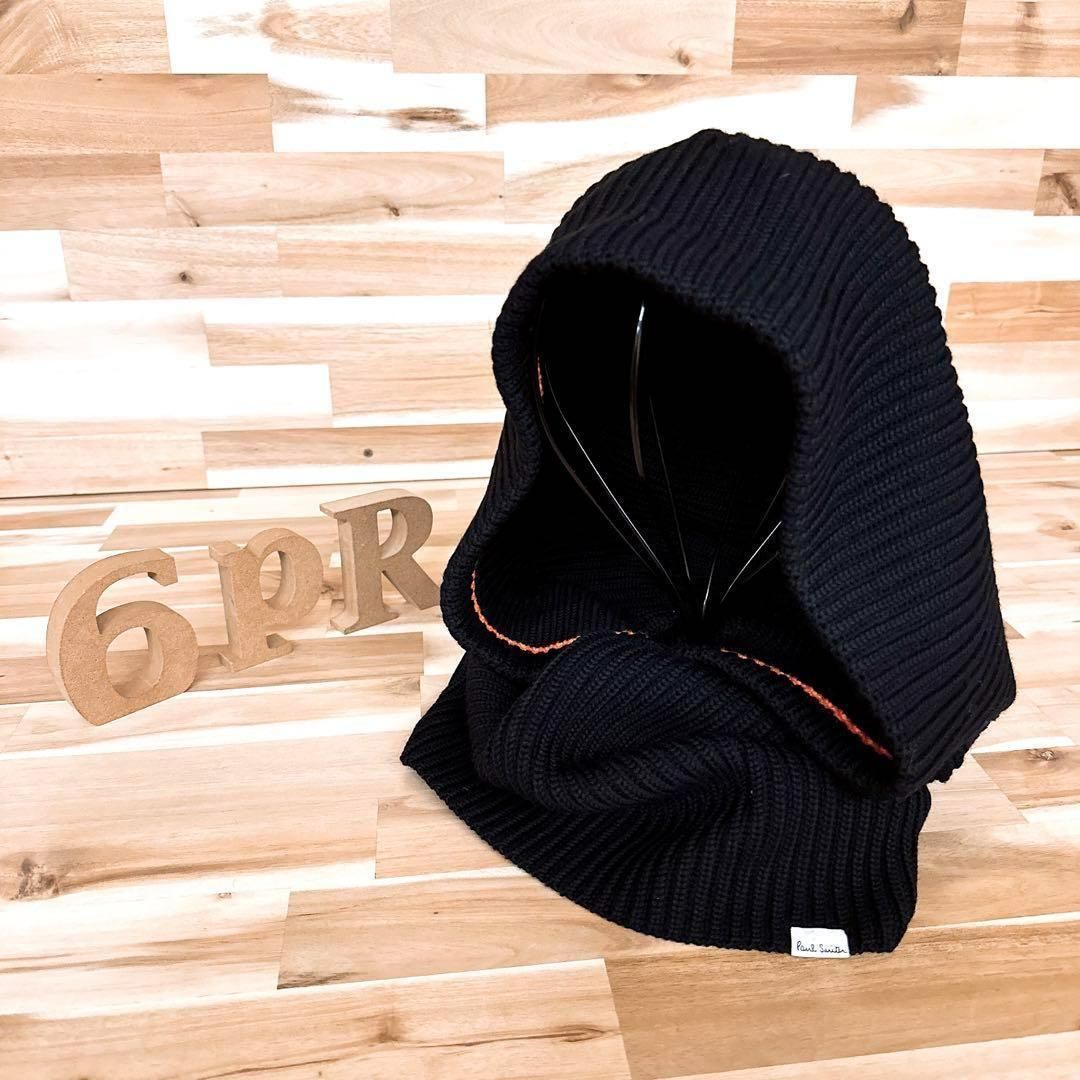 ポールスミス ウール ニット フードウォーマー 黒ブラック×オレンジ フード マフラー 防寒 無地 シンプル