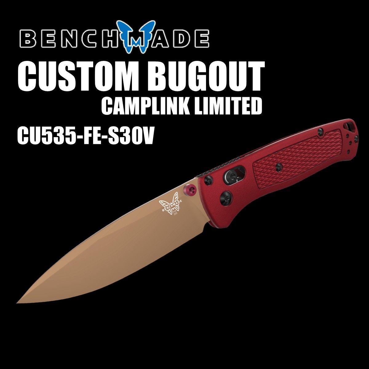 ベンチメイド バグアウト CAMPLINK 別注 レッドハンドル×フラットアース CU535-FE-S30V 折り畳みナイフ BENCHMADE BUGOUT F ing Knife