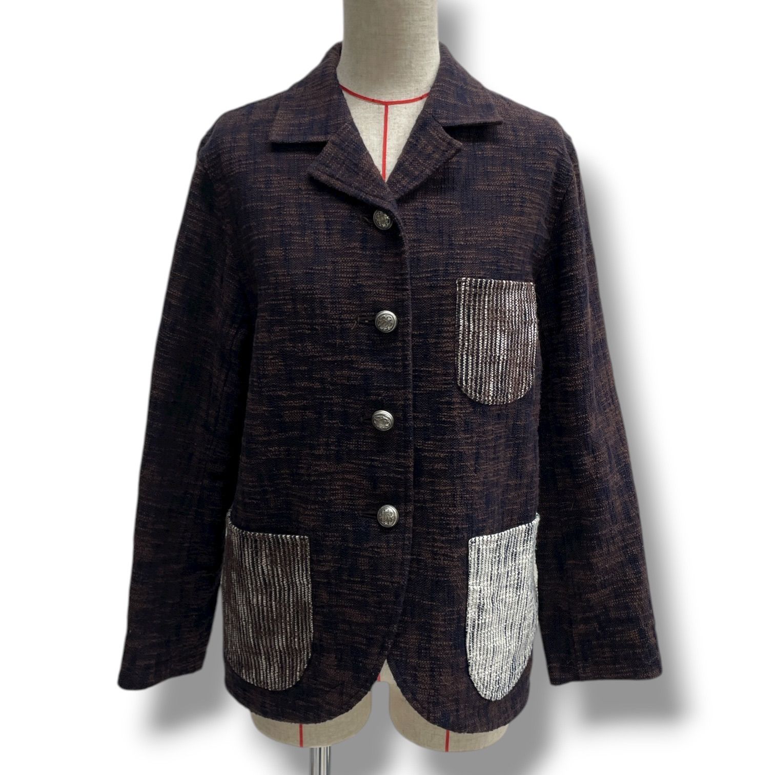 オカモト商店 KURUMI クルミ パッチワーク風ジャケット テーラードジャケット アウター ブラウン ネイビー 茶色 紺 レディース 秋 ゴーゴー古着セントラルパーク店 11 No.溝177