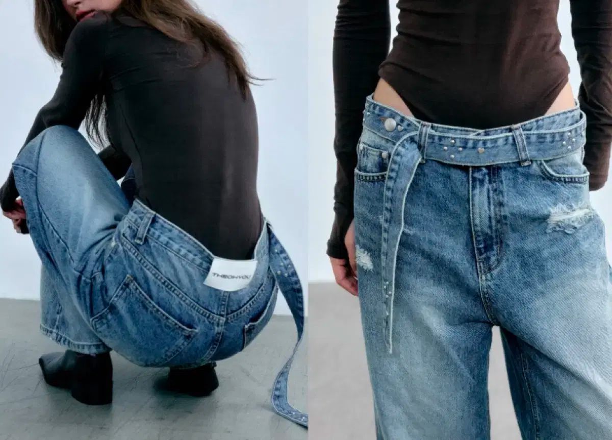 더오유 リー リベット ベルト付き デニムパンツ