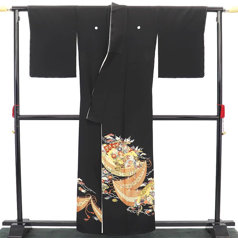 黒留袖 留袖 袷 レディース 正絹 黒 扇 金駒刺繍 剣片喰 身丈162 5 cm 裄丈65 結婚式 式典 M～Lサイズ相当