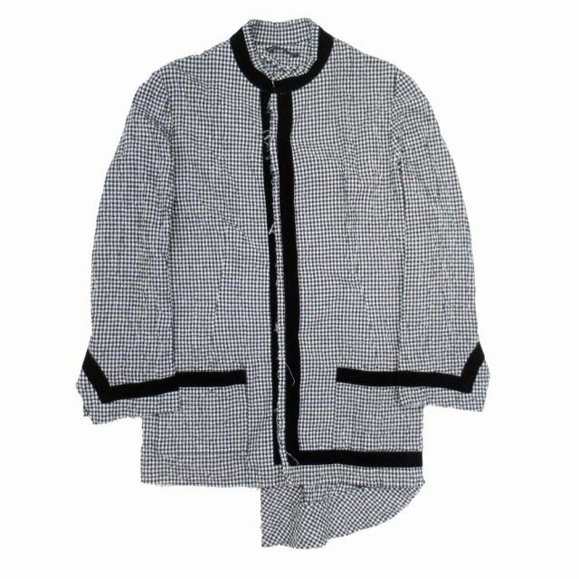 15ss ヨウジヤマモトプリュスノアール YOHJI YAMAMOTO NOIR ギンガムチェック シアサッカー シャツジャケット ブルゾン ベロアトリム アシンメトリー 2 黒 白 NU-J07-003 Q12 レディース