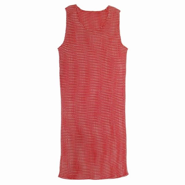 96ss イッセイミヤケ ISSEY MIYAKE ボックスプリーツ加工 ドット ワンピース ノースリーブ ドレス 膝丈 水玉 総柄 M 赤 白 IM61-FH914 Q16 レディース